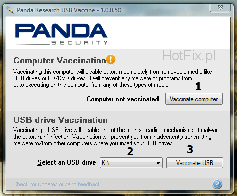 Okno programu Panda USB Vaccine