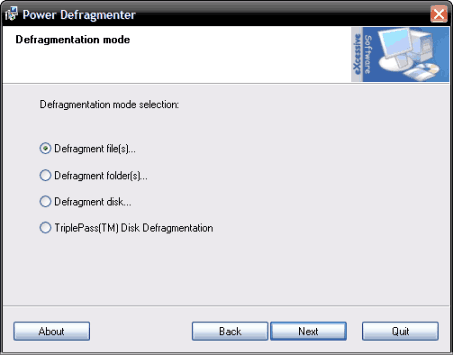 Power Defragmenter GUI - okno wyboru