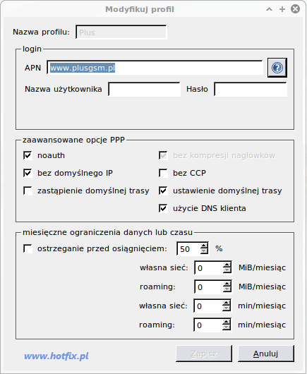 UMTSmon - tworzenie nowego profilu